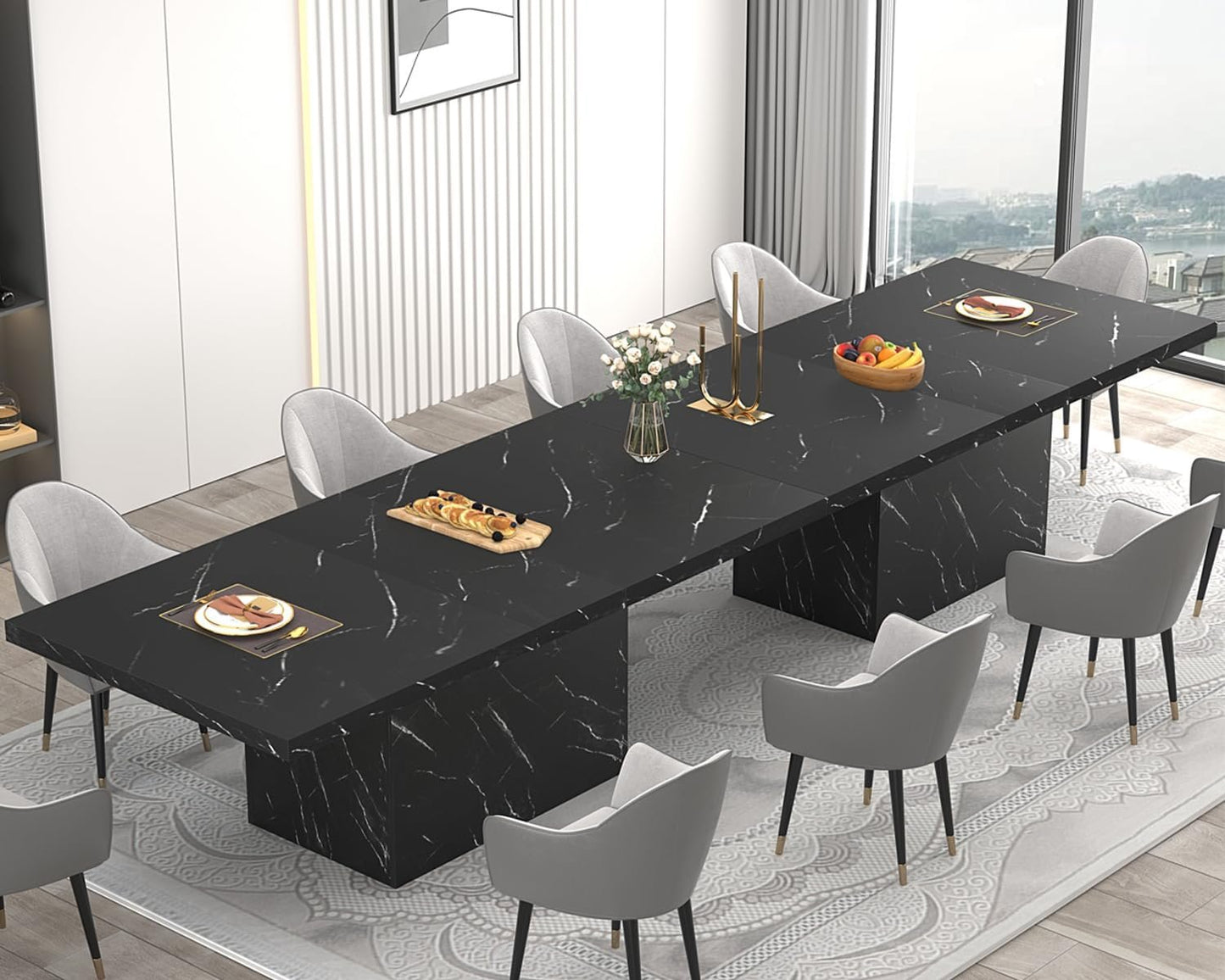 HSH 71” Black Dining Table for 6-8, Rectangle Modern Faux Marble Dinner Table, Large Dining Room Table for Kitchen Living Room, Industrial Wood Kitchen Table with Sturdy Base, Black, 71 Inch