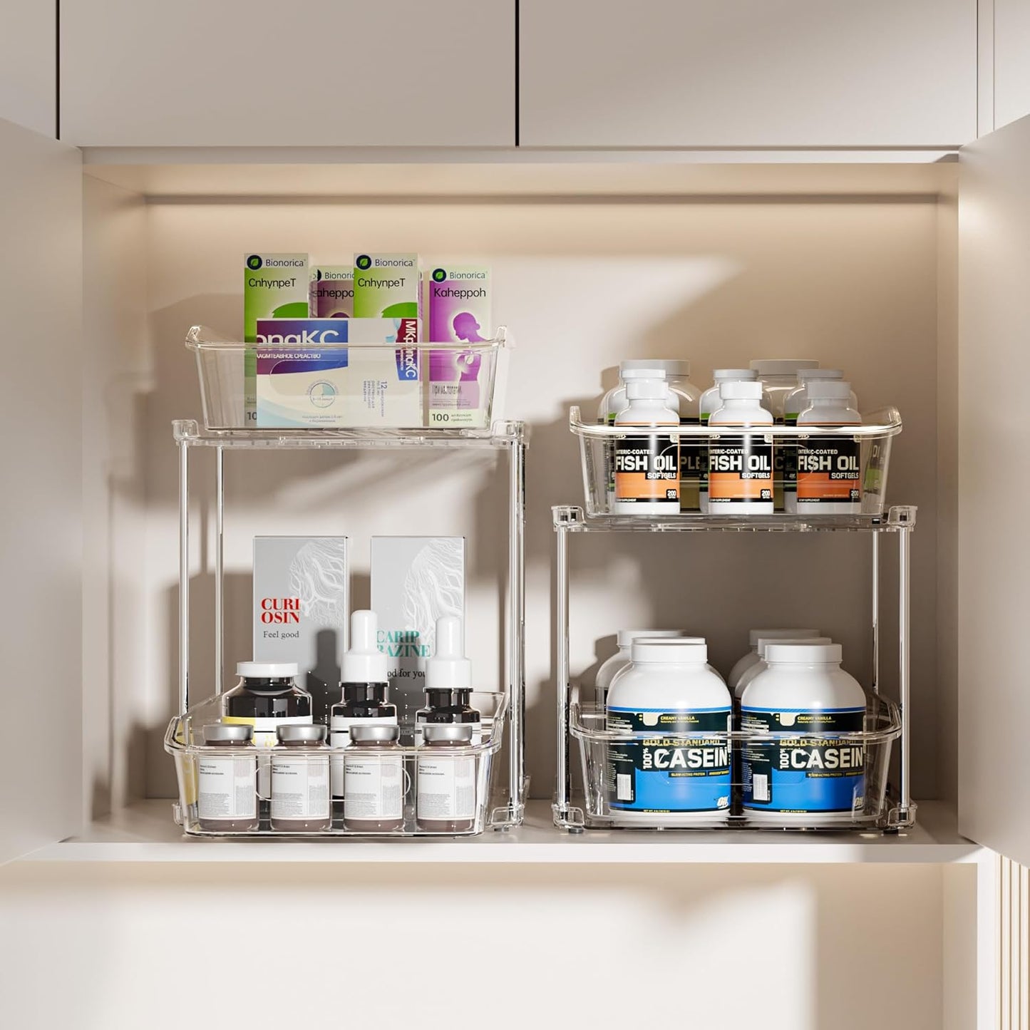 Delamu 2 Sets of 2-Tier Clear Under Sink Organizers and Storage, Multi-Purpose Stackable Bathroom Cabinet organizers, Pull Out Kitchen Pantry Organization and Storage with Dividers