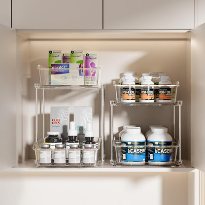 Delamu 2 Sets of 2-Tier Clear Under Sink Organizers and Storage, Multi-Purpose Stackable Bathroom Cabinet organizers, Pull Out Kitchen Pantry Organization and Storage with Dividers
