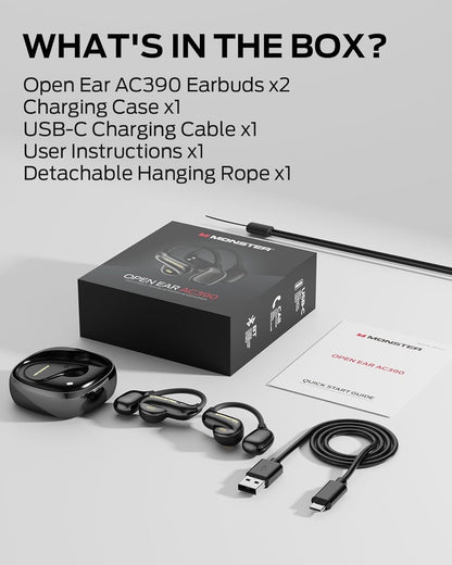 Monster Open Ear AC390 Headphones, Bluetooth 6.0 Earbuds with Stereo Sound, Wireless Headphones 24H Playtime, IPX5 Waterproof, Rotating Charging Case with Lanyard, Ultra-Light Open Ear Earbuds