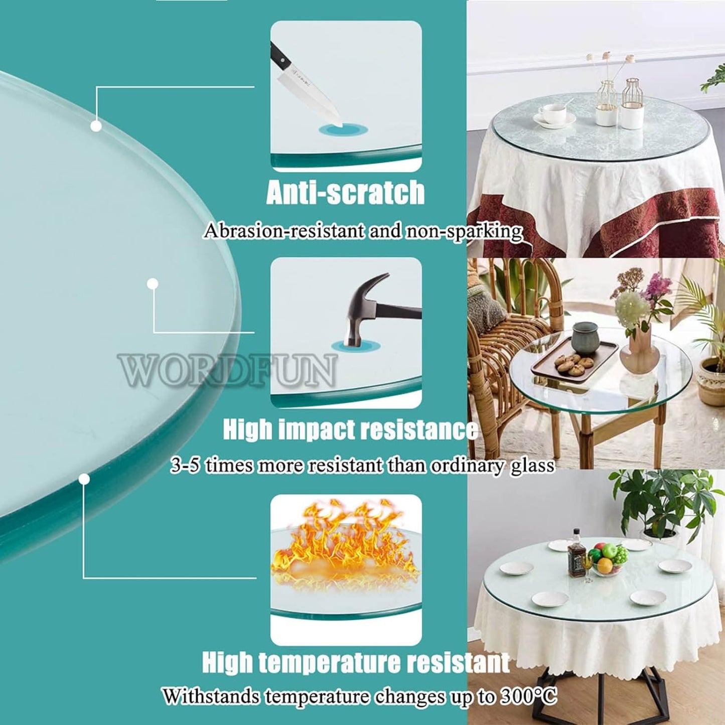 35-100 cm Round Tempered Glass Tabletop, Polished Edges, Durable Crystal Dining Table Surface, Elegant Round Glass Top for Dining Room, Sturdy and Long Lasting Design