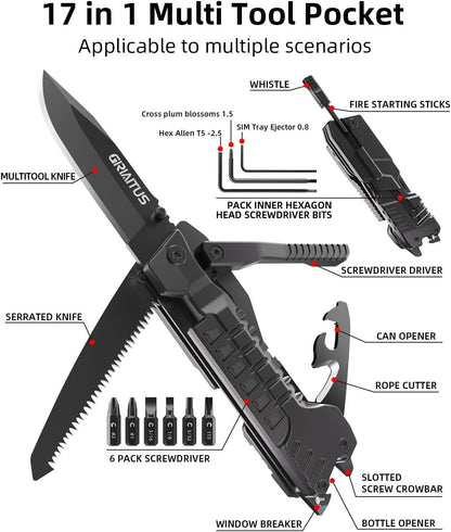 Multitool Camping Accessories 17 in 1 Fire Starting Sticks, Bottle Opener, Saw Screwdrivers Bottle Opener, Whistle, Window Breaker and More -Perfect for Camping, Outdoor, Survival, Gifts for Men Dad