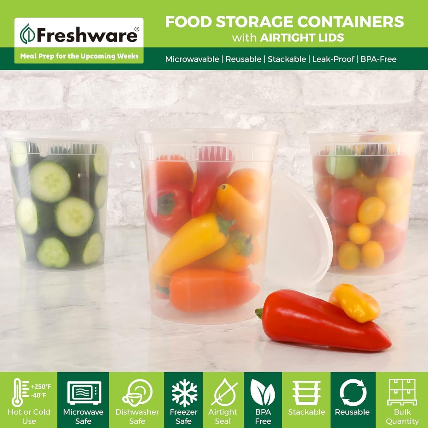Freshware 24-Pack 32 oz Plastic Food Storage Containers with Airtight Lids - Restaurant Deli Cups, Foodsavers, Baby, Bento Lunch Box, 21 Day Fix, Portion Control, and Meal Prep Containers