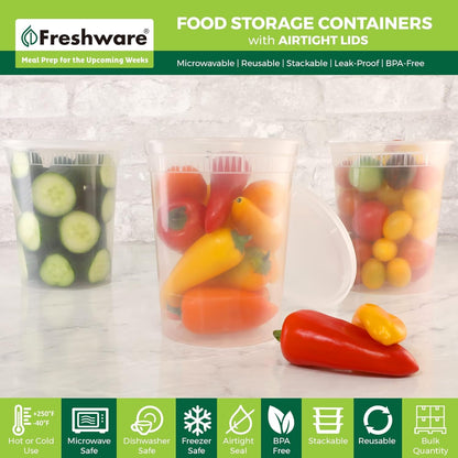 Freshware 24-Pack 32 oz Plastic Food Storage Containers with Airtight Lids - Restaurant Deli Cups, Foodsavers, Baby, Bento Lunch Box, 21 Day Fix, Portion Control, and Meal Prep Containers