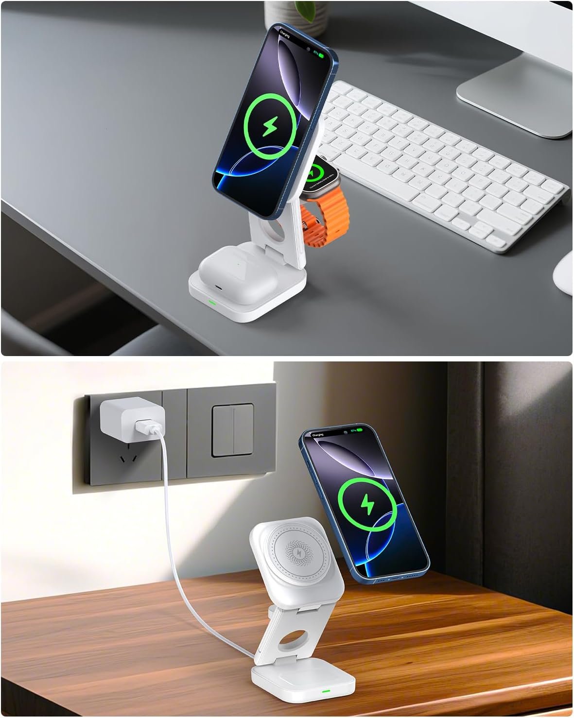 3 in 1 Wireless Charger,Magnetic Foldable Fast Wireless Charger Station Compatible with iPhone 15/14/13/12/Pro/Plus/Pro Max,5W for Apple Watch 9/8/7/6/5/4/3/2/SE/Ultra 2, AirPods 3/2/Pro (White)