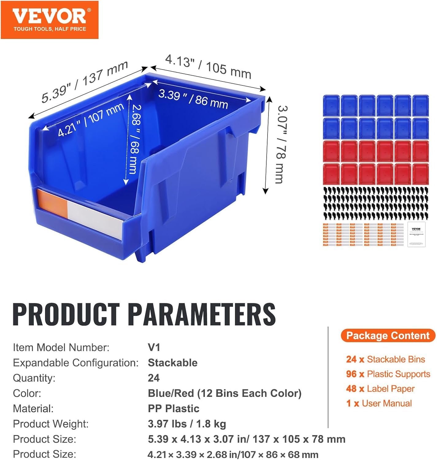 VEVOR Plastic Storage Bin, (5-Inch x 4-Inch x 3-Inch), Hanging Stackable Storage Organizer Bin, Blue/Red, 24-Pack, Heavy Duty Stacking Containers for Closet, Kitchen, Office, or Pantry Organization