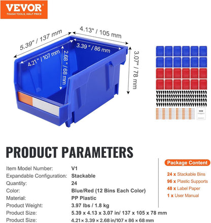 VEVOR Plastic Storage Bin, (5-Inch x 4-Inch x 3-Inch), Hanging Stackable Storage Organizer Bin, Blue/Red, 24-Pack, Heavy Duty Stacking Containers for Closet, Kitchen, Office, or Pantry Organization