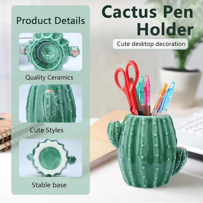 Cactus Ceramic Pen Holder Cute Pen Cup, Pencil Cups for Desk Pencil Holder, Pencil Caddy for Desk Accessories Office Decor, Cactus Makeup Brush Organizer (Green)