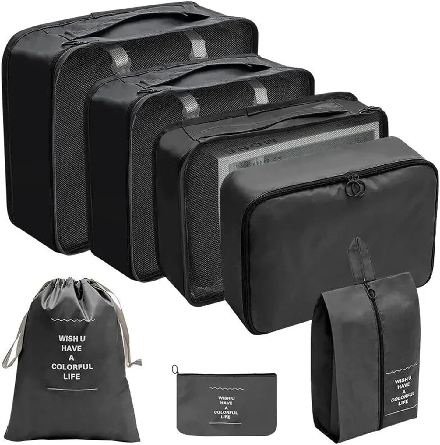 Janmobrian Organizer Valigia,Packing Cubes 7/10 PCS Set Travel Organizer Storage Bags Suitcase Packing Cubes Cases Portable Wardrobe Luggage Clothes Shoe Pouch Fold(7pcs Black)