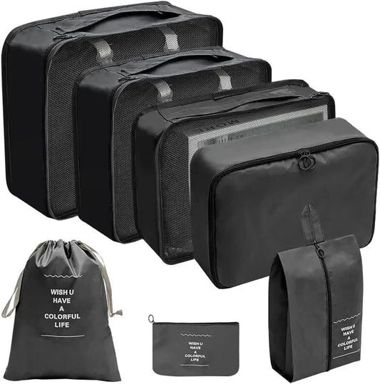 Janmobrian Organizer Valigia,Packing Cubes 7/10 PCS Set Travel Organizer Storage Bags Suitcase Packing Cubes Cases Portable Wardrobe Luggage Clothes Shoe Pouch Fold(7pcs Black)