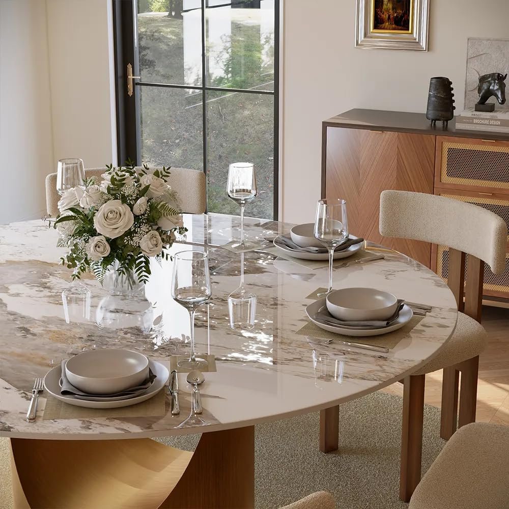 POVISON Round Dining Table for 4-6, 60" Glossy White Sintered Stone Tabletop Dining Table with Bronze Carbon Steel Pedestal, Modern Dining Room Table for Kitchen, Living Room (Table Only)