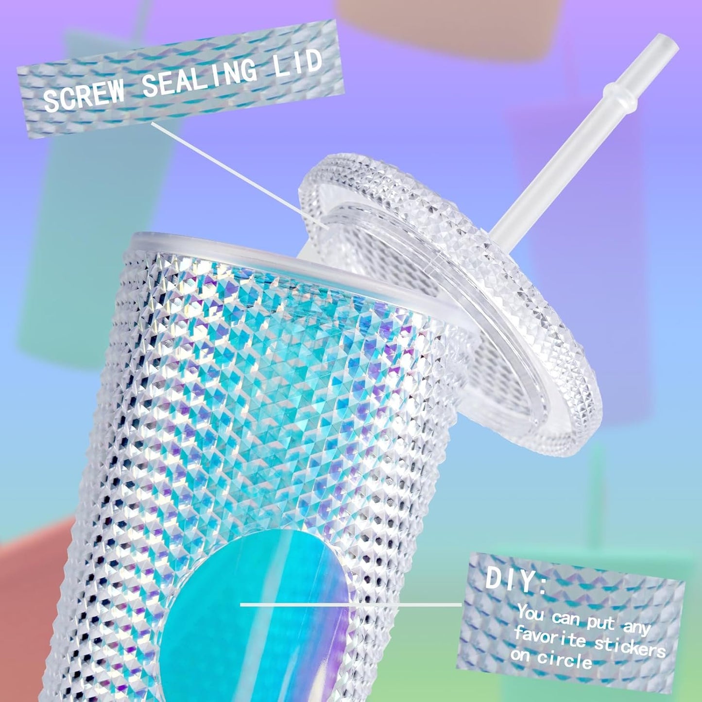 24oz Studded Tumbler with Lid & Straw,Glitter Reusable BPA Free Plastic Textured Water Bottle Drinking Cup,Double Wall Mug,Travel Friendly Water/Iced Coffee/Smoothie,Perfect for Home&Outdoor (White)