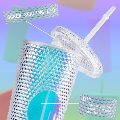 24oz Studded Tumbler with Lid & Straw,Glitter Reusable BPA Free Plastic Textured Water Bottle Drinking Cup,Double Wall Mug,Travel Friendly Water/Iced Coffee/Smoothie,Perfect for Home&Outdoor (White)