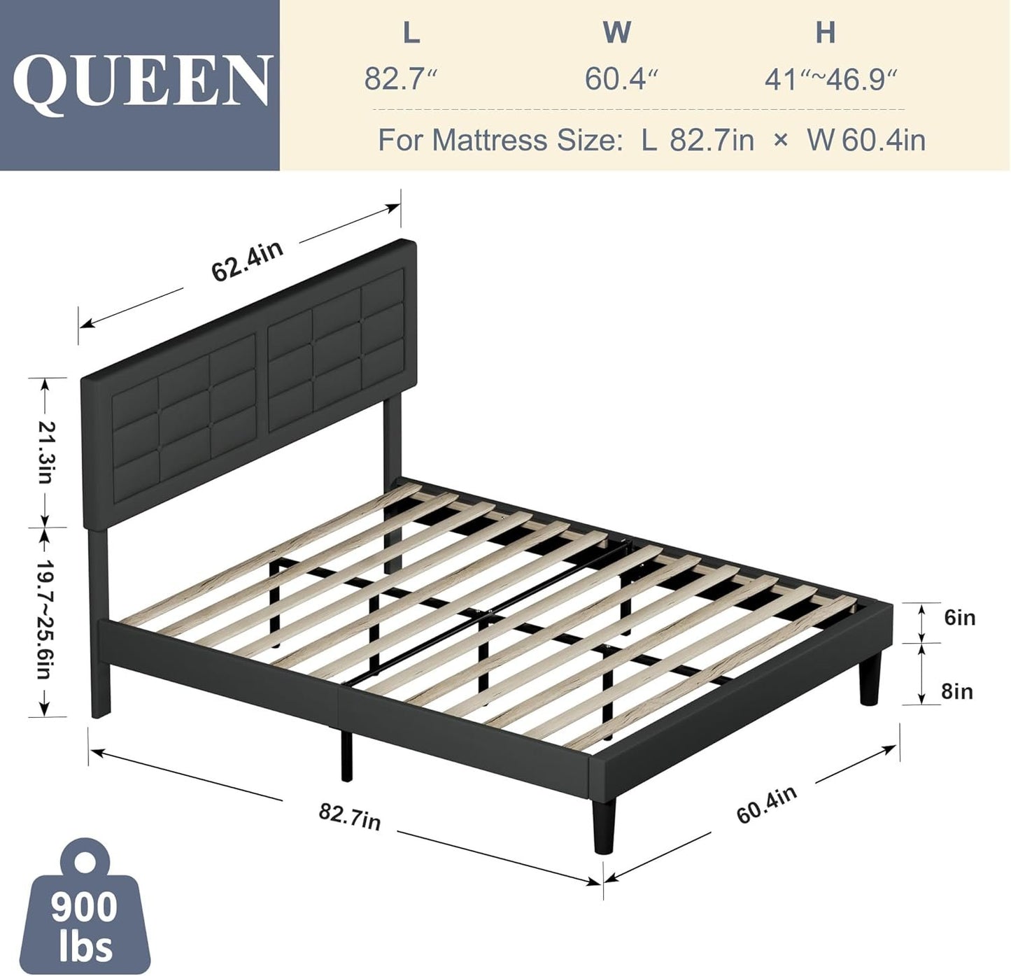 VECELO Queen Size Upholstered Bed Frame with Height Adjustable Fabric Headboard, Heavy-Duty Platform Bedframe/Mattress Foundation/Strong Wood Slat Support/No Box Spring Needed, Grey