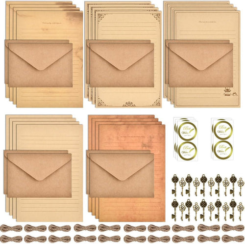 OTYMIOW Vintage Stationery Paper and Envelopes Set - 20 Sheets, 10 Envelopes, 10 Twine, 10 Keys, 10 Seal Stickers for Letter Writing