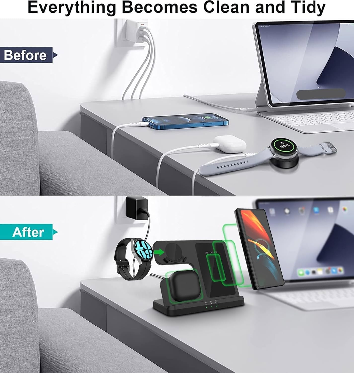 FDGAO 3 in 1 Wireless Charger, 15W Fast Wireless Charging Station Stand for Samsung Galaxy S24/S23/S22/S21/S20/S10,Note 20/10, Galaxy Buds Pro/Live, Galaxy Watch7/6/5 Pro/5/4/3/Active 2, Black