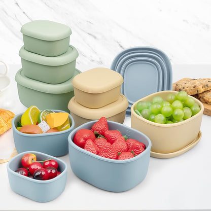 9 Pack Silicone Food Storage Containers,Nesting Silicone Food Containers with Airtight Lids,Reusable Bento Box Snack Lunch Containers for Camping, 3 Size(6.7oz, 10oz, 20oz)