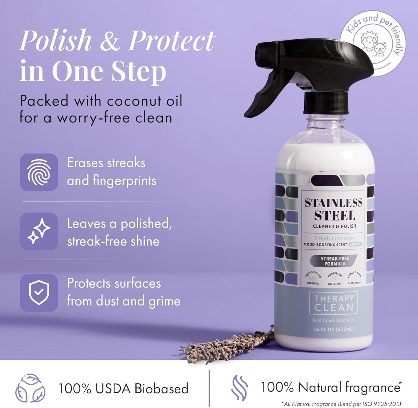 Therapy Stainless Steel Cleaner and Polish 100% USDA BioBased, Fingerprint and Residue Remover, Lavender Essential Oil Scent, Sink Cleaner, Grill Cleaner Spray