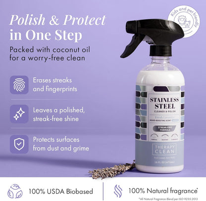 Therapy Stainless Steel Cleaner and Polish 100% USDA BioBased, Fingerprint and Residue Remover, Lavender Essential Oil Scent, Sink Cleaner, Grill Cleaner Spray