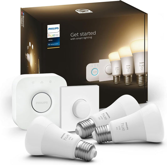 Philips Hue White E27 Starter Set Including Smart Button and Bridge, 3 x 1055 lm, Warm White Light, Dimmable, Controllable via App, Compatible with Amazon Alexa (Echo, Echo Dot)