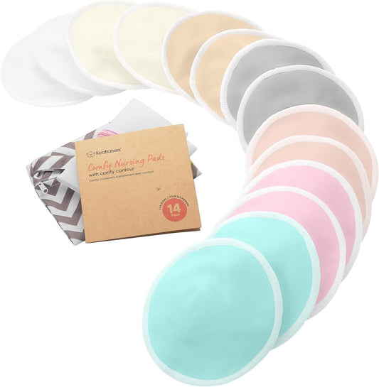 14-Pack Organic Bamboo Nursing Pads - Reusable Breast Pads for Breastfeeding, Nipple Pads, Washable Nursing Pad, Breastfeeding Pads for Leaking, Breast Milk Pads, Bra Pads (Pastel Touch, Large 12cm)