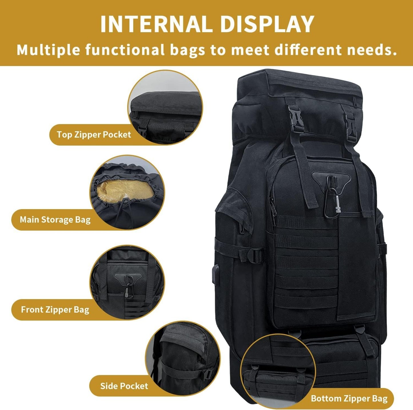 Vaupan 80L Camping Hiking Backpack, Large Military Tactical Backpack, Waterproof Travel Daypack With Carabiner Outdoor Molle Rucksack for Men Women (Black)