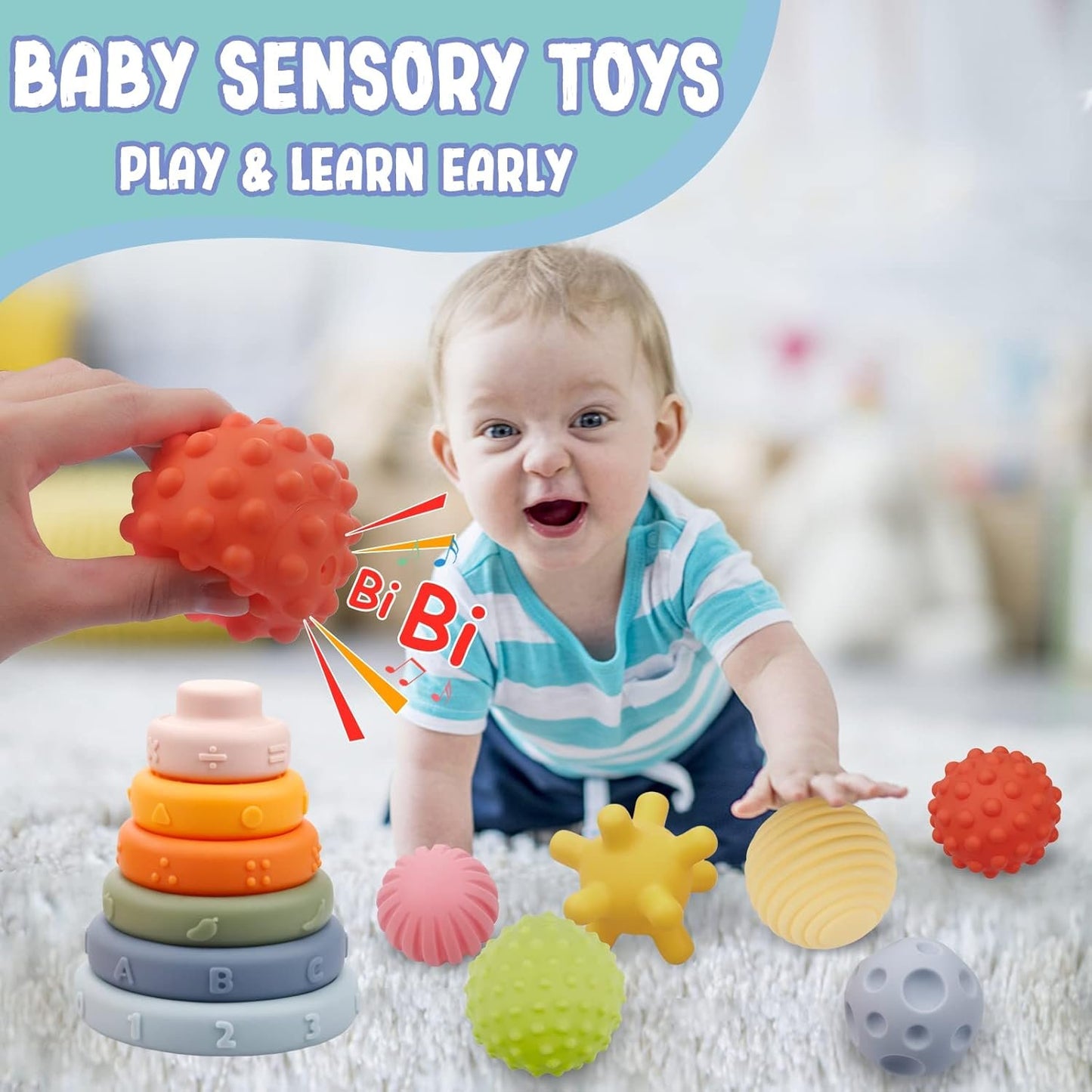 Plunack Baby Toys 6-12 Months Montessori Sensory Toys for Toddlers 3 in 1 Stacking Building Blocks Soft Infant Teething Toys Educational Learning Toys for Babies 3-6-9-12 Months Boys Girls