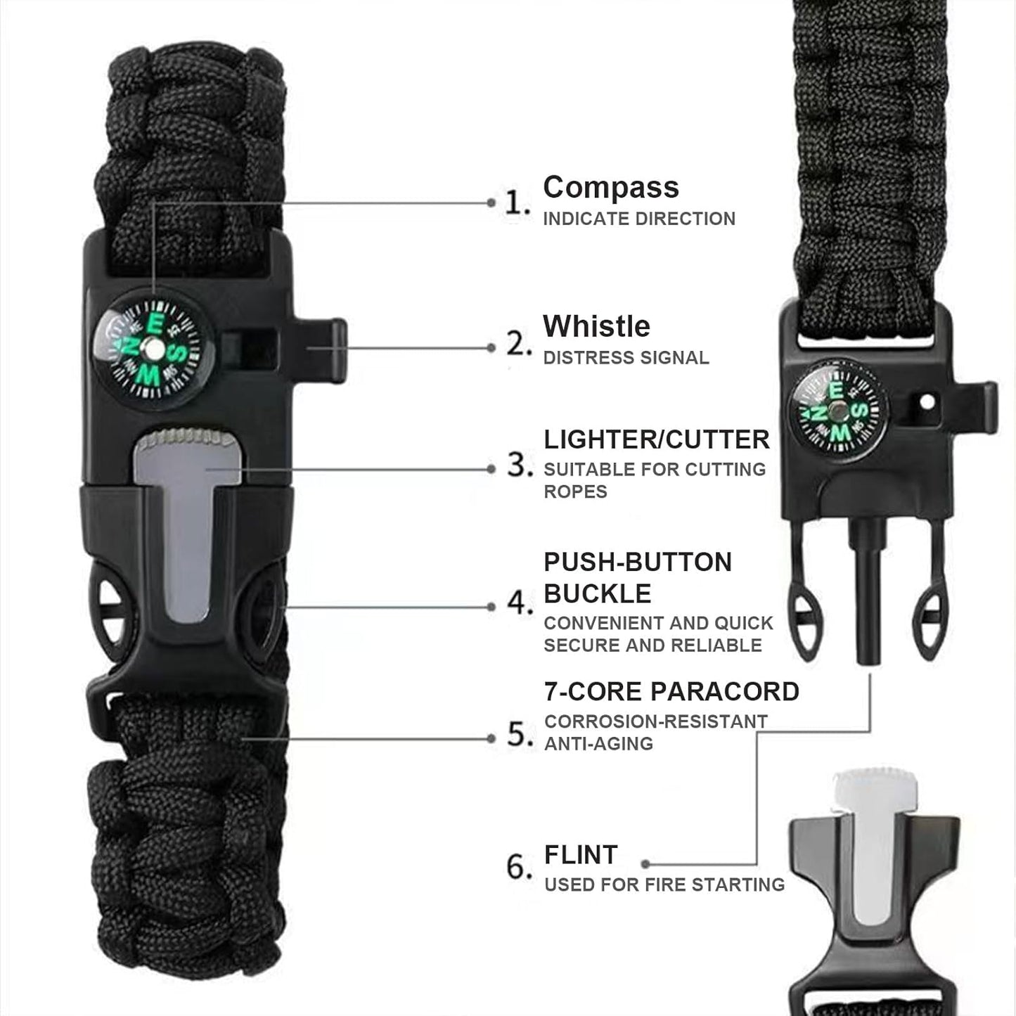Mengdiyi Survival Paracord Bracelet Adjustable Gear Kit,Fire Starter, Bigger Compass, Survival Whistle, Perfect for Camping, Hiking, Fishing
