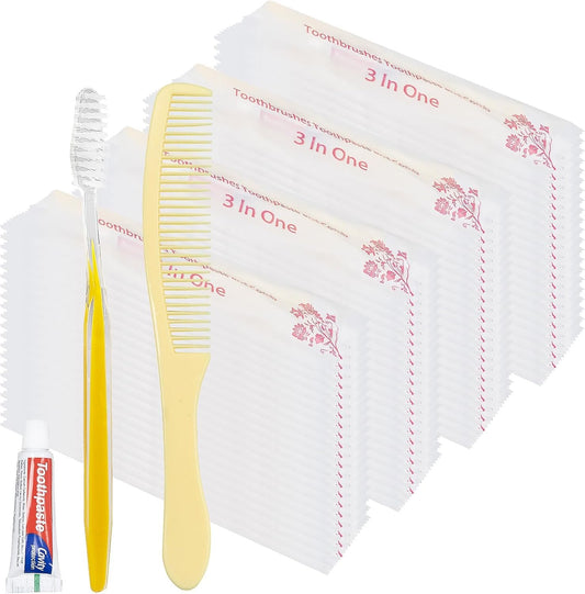 100 Set Disposable Toothbrushes with Toothpaste and Comb, Disposable Travel Toothbrush Kit Individually Wrapped for Homeless, Hotel, AirBnb, Shelter, Charity