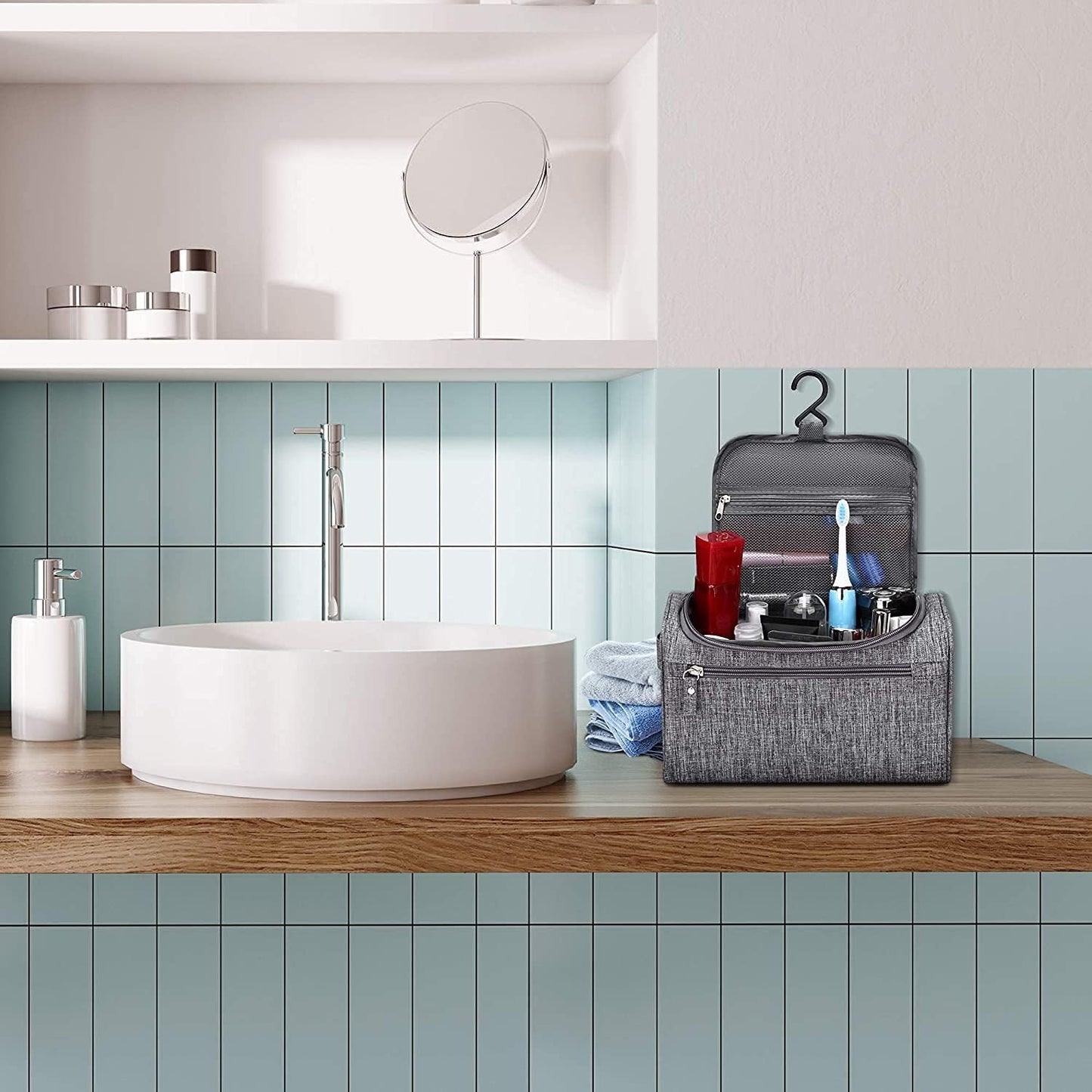 Toiletry Bag with Hanging Hook (25x14.5x15CM), Travel Case Waterproof Cosmetic Bag or Accessories, Shampoo, Makeup, Personal Items, Healthcare Organizer with Handle for Men and Women (Grey)