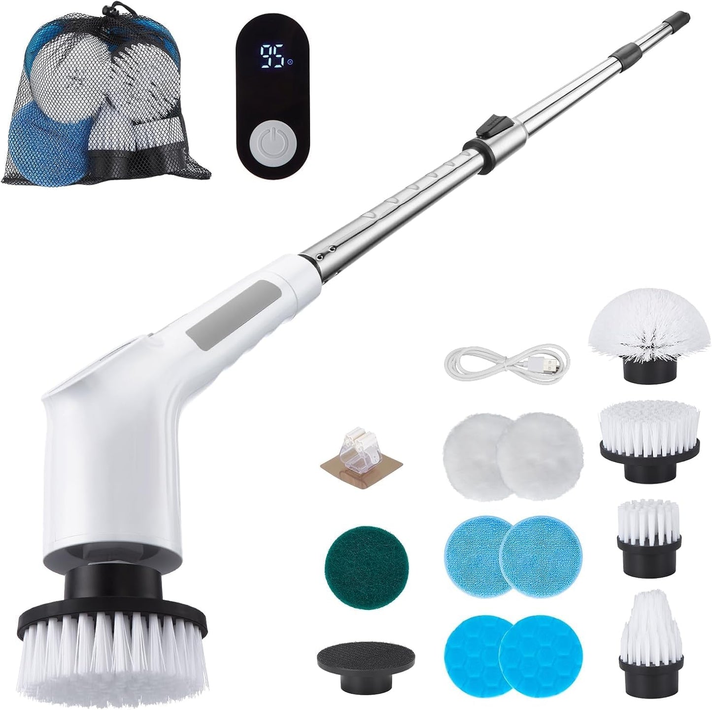 Fixm Electric Spin Scrubber, Cordless Shower Scrubber with Adjustable Extension Handle, Electric Cleaning Brush for Bathtub Kitchen Wall Cleaning, 2 Speeds with Display and 11 Replaceable Brush Heads
