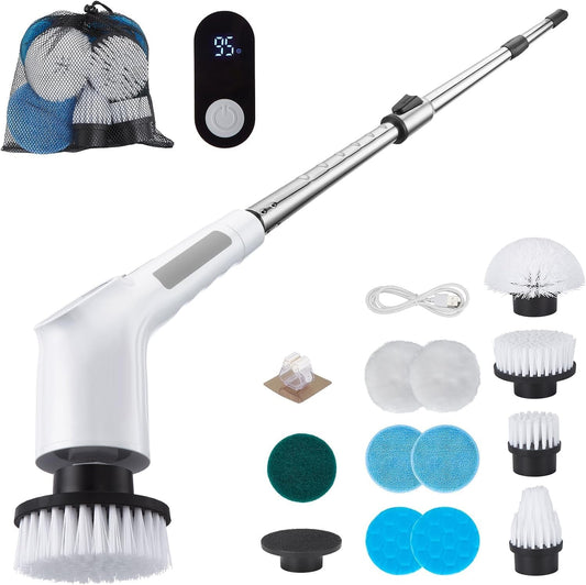 Fixm Electric Spin Scrubber, Cordless Shower Scrubber with Adjustable Extension Handle, Electric Cleaning Brush for Bathtub Kitchen Wall Cleaning, 2 Speeds with Display and 11 Replaceable Brush Heads