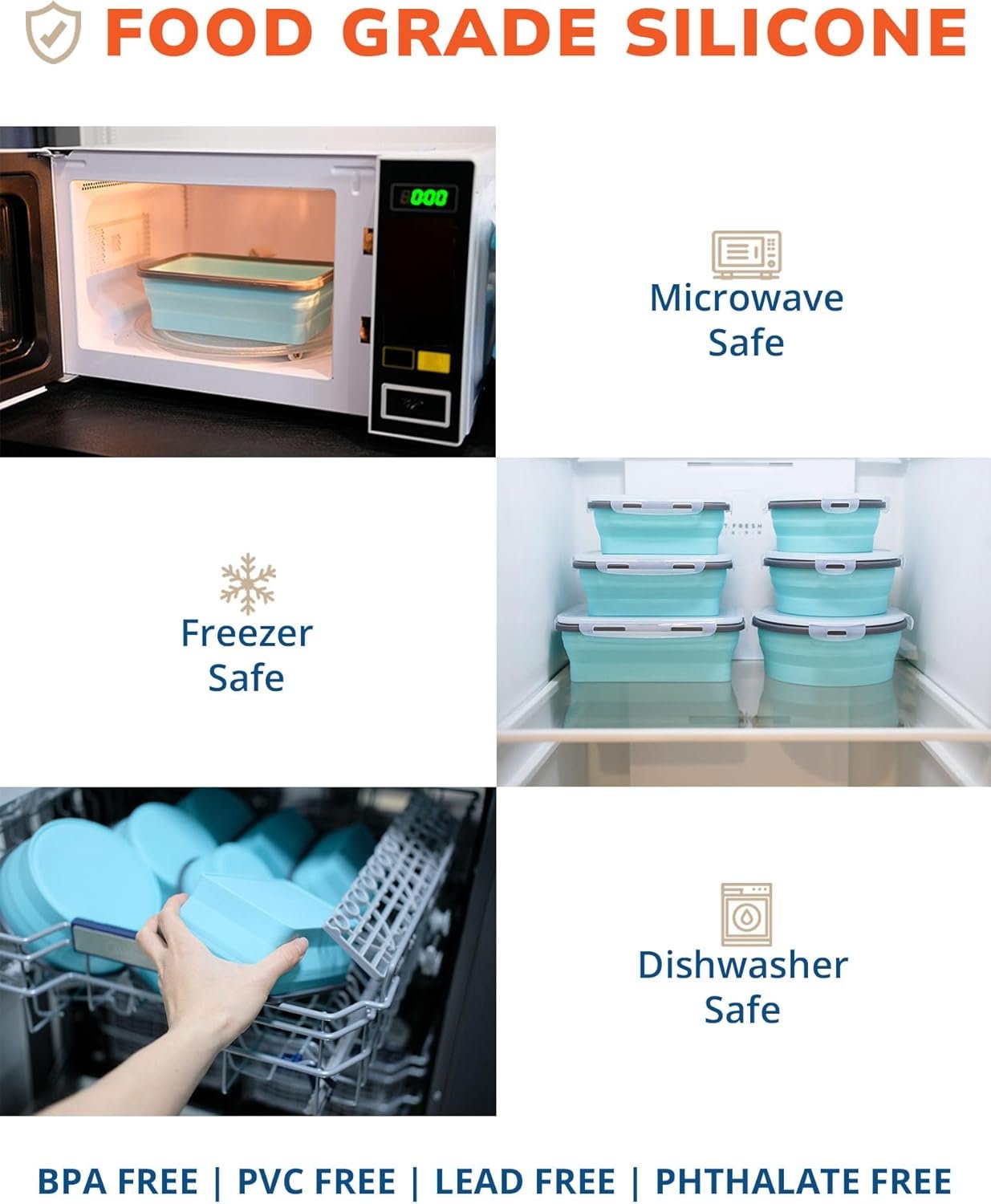 Lunememo 8 Pack Collapsible Silicone Food Storage Containers with Lids, Freezer & Dishwasher Safe, Foldable Lunch Box for Camper, Leftovers, Meals, Blue