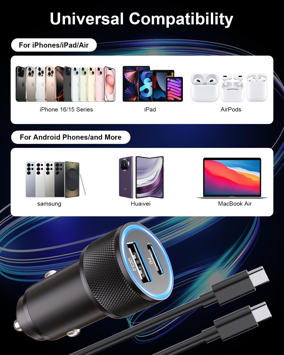 Car Charger C 60W, USB Car Cigarette Lighter Adapter PD&QC3.0 Quick Charge Car Phone Charger with USB C Cable for Samsung Galaxy S25 S24 S23 S22 S21, iPhone 16 15 Pro Max/Plus