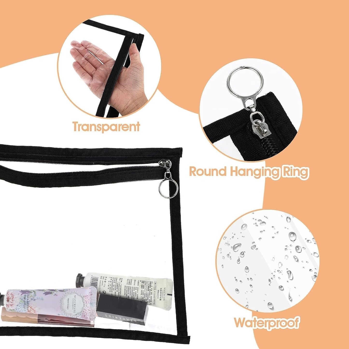 Airport Security Liquids Bag 27X22cm Clear Toiletry Bag Hand Luggage Regulations Waterproof Liquids Wash Bags Travel Accessory Holiday Essential (Black Round Zipper 4pcs)