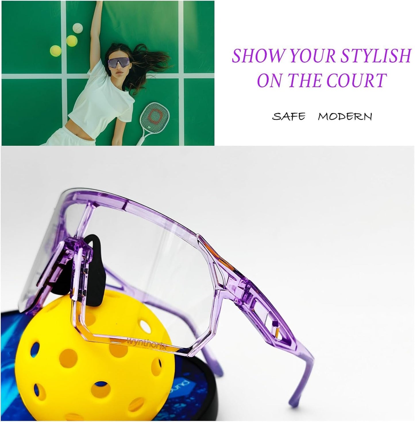 Wynthorix VeilGlam Pickleball Glasses for Women Photochromic Lens Protective Eyewear UV Protection Safety Sunglasses ANSI Z87 Anti Fog Scratch Tennis Squash Racquetball Goggles (Purple, Medium-Large)