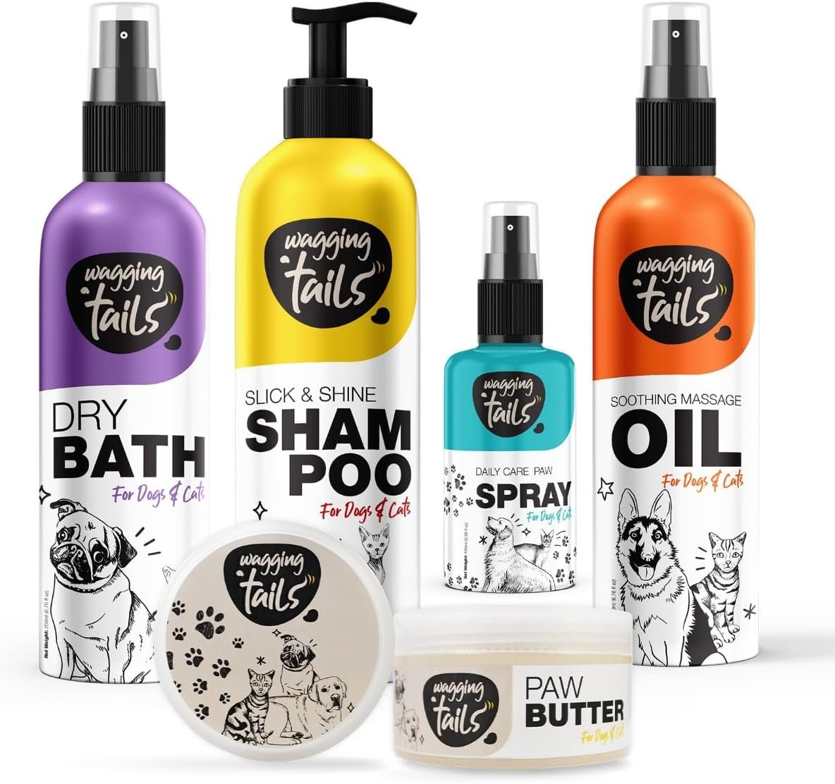 Wagging Tails 5-in-1 Grooming Kit for Pets | Shampoo 6.76 fl oz, Dry Bath 6.76 fl oz, Massage Oil 6.76 fl oz, Paw Butter 1.76 fl oz & Paw Spray 3.38 fl oz | Natural Ingredients | Ideal Gift for Pets