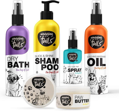 Wagging Tails 5-in-1 Grooming Kit for Pets | Shampoo 6.76 fl oz, Dry Bath 6.76 fl oz, Massage Oil 6.76 fl oz, Paw Butter 1.76 fl oz & Paw Spray 3.38 fl oz | Natural Ingredients | Ideal Gift for Pets