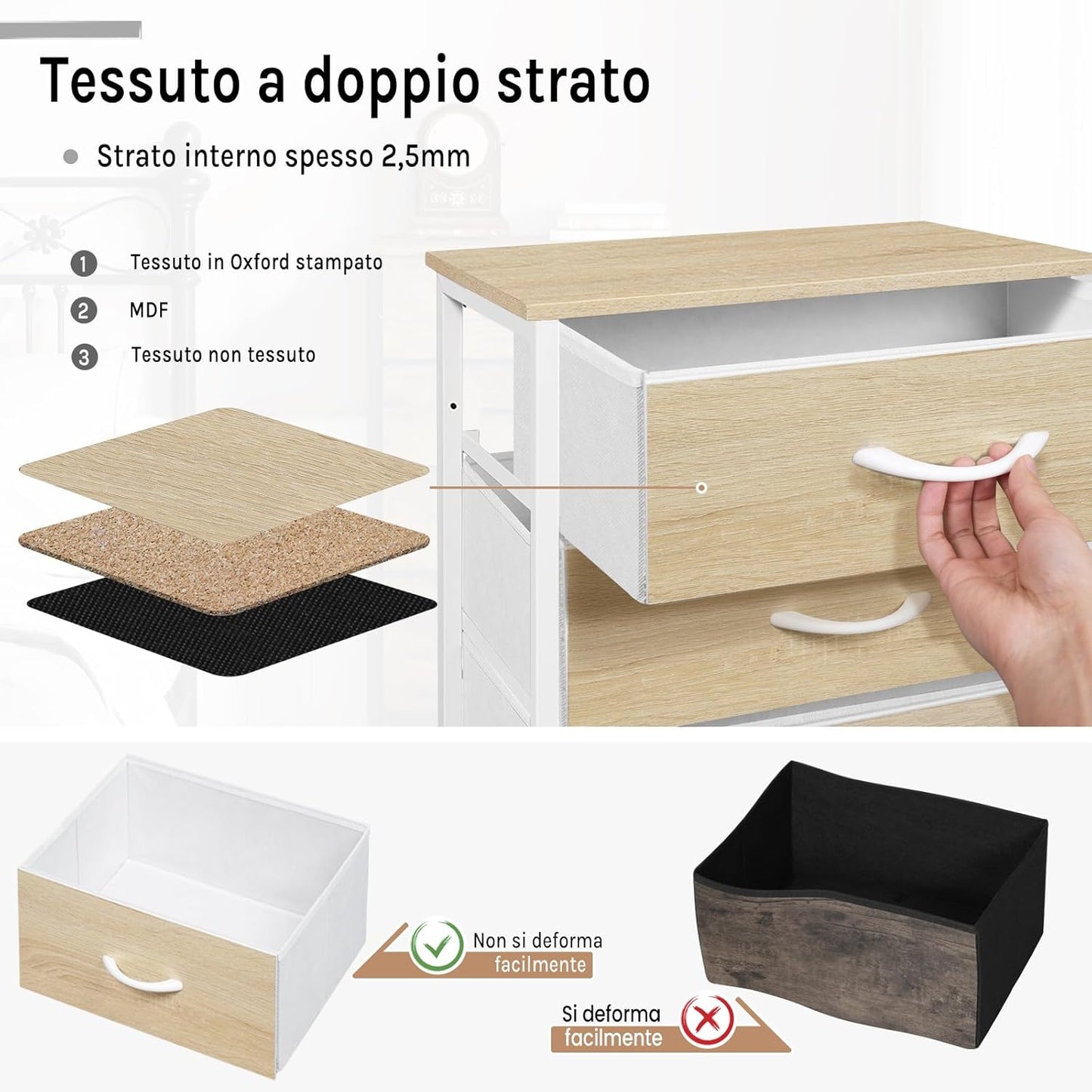 WOLTU Fabric Bedroom Chest of Drawers 5 Drawer Chest of Drawers for Hallway Bedroom Living Room Vintage Style Metal MDF Frame SSK004whe