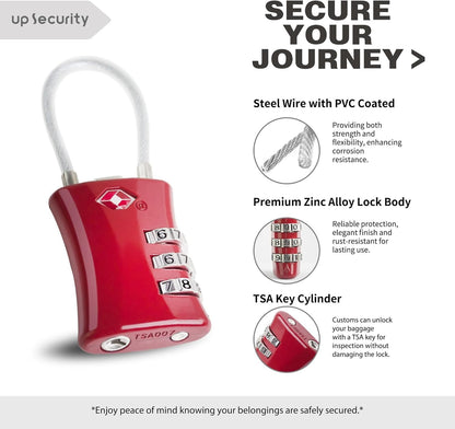 UP Security Suitcase Locks TSA Approved, Small Padlock Combination, TSA Locks for Luggage, Combo Travel Padlock with Code for Backpack, Gym Locker, Ammo Can (Black+Red), Black+Red, Modern
