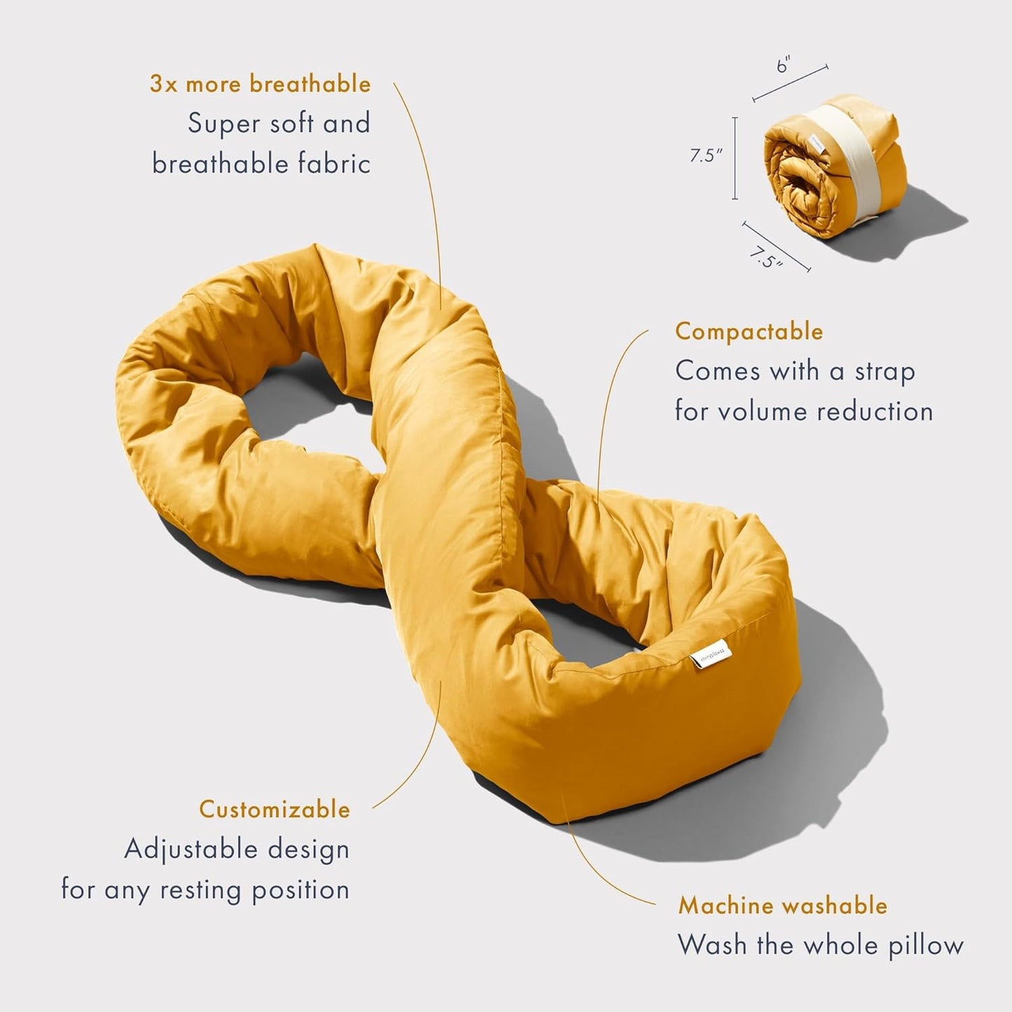 Huzi Infinity Pillow - Home Travel Soft Neck Scarf Support Sleep (Ochre Yellow),12 x 18, (H1267OY)