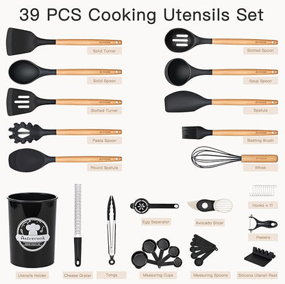 Astercook Kitchen Utensils set, 39 PCS Silicone Cooking Utensils Set with Wooden Handle, 446°F Heat Resistant Food Grade Utensil Sets, BPA Free Kitchen Gadgets Tools Set for Nonstick Cookware (Black)