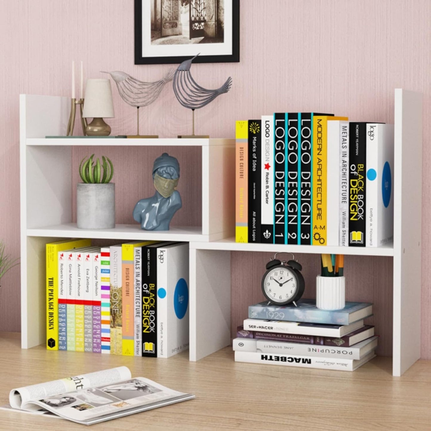 Wood Desktop Organizer, Adjustable Display Shelf Rack for Home Office Desktop Storage Supplies Organization (White)