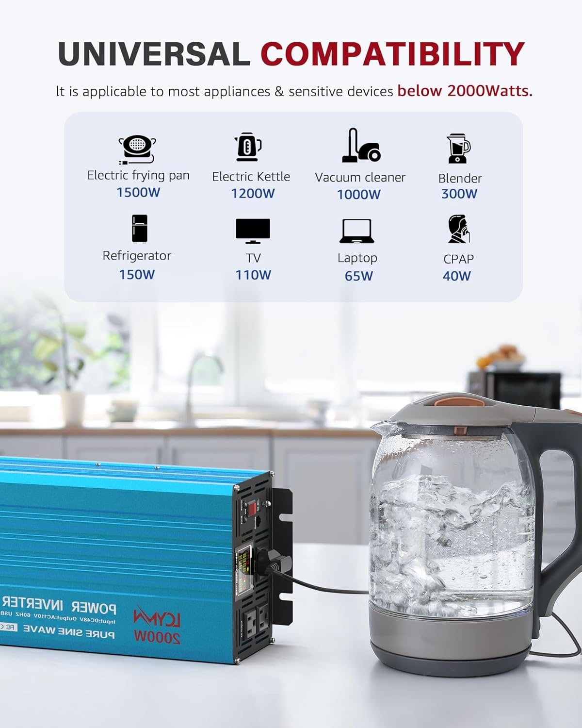 LCYMW 2000 Watt Inverter Pure Sine Wave DC 12V to 110V AC Power Inverters with 3 AC Charger Outlets, Car Inverter Solar Power Inverters for Vehicles Home with LCD Display and 2.4A USB Charging Ports
