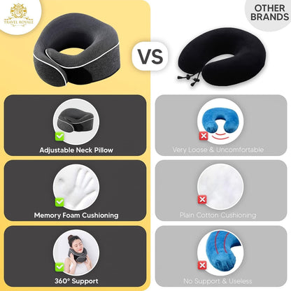 Travel Royale Neck Pillow Head, Chin, Neck 360° Support Pillow Adjustable 100% Pure Memory Foam Pillow for Airplanes, Car & Home, Ergonomic Design Full Neck Surround Bundle Eyecover & Earplugs (Black)