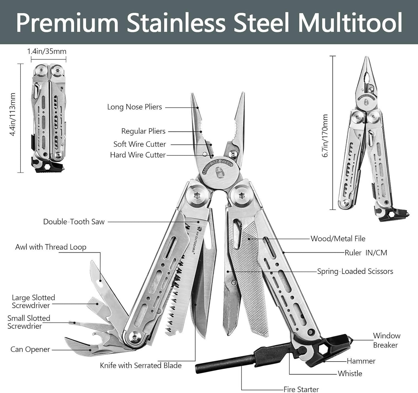 HX OUTDOORS 19 in 1 Multi Tool Pocket Knife Set, Stainless Steel Multitool Pliers with Fire Starter and Glass Breaker, Folding EDC Camping Survival Tools for Men (Silver)