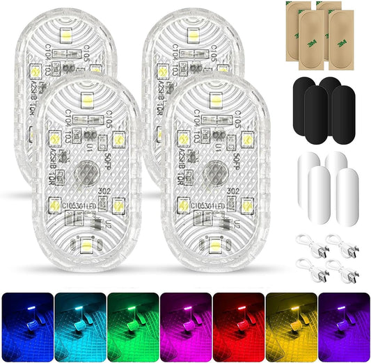 4 x LED Car Interior Wireless Interior Lights for RGB Interior with 6 LEDs, 7 Colours Adjustable USB Rechargeable Wireless Car Touch Accessories for Interior Ambient Lighting