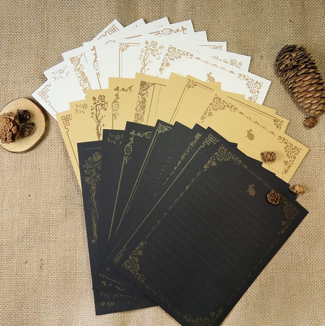 Black 80 Sheets Stationary Writing Paper,5 3/4x 8 1/4" Golden-Lace Vintage Stationery Paper with Lines Letter Paper for Office Home School Wedding Invitations or Love Letter 8 Different Patterns