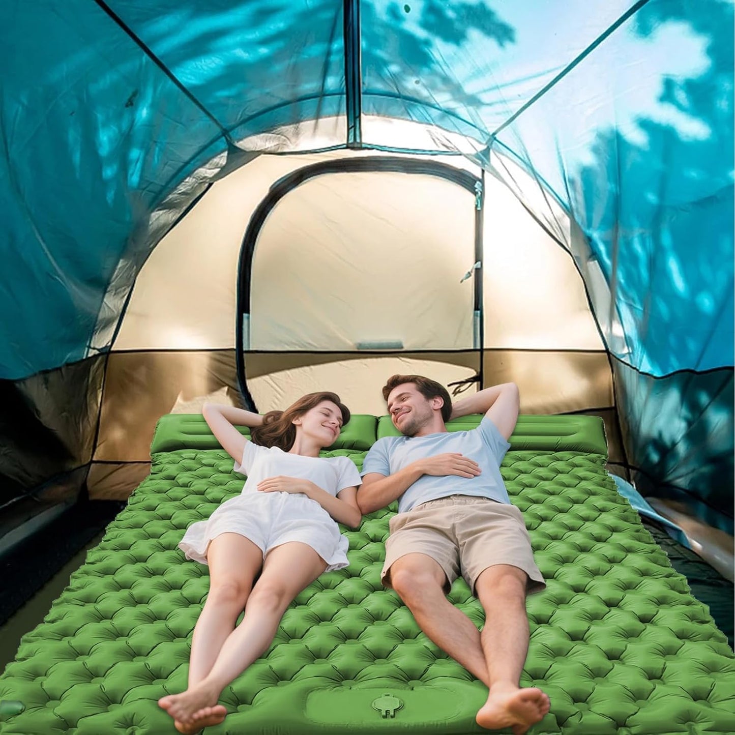 Double Sleeping Pad - Inflatable Mattress Camping with Built-in Foot Pump | Portable Backpacking Gear for Outdoor Tent Trekking Hiking Travel
