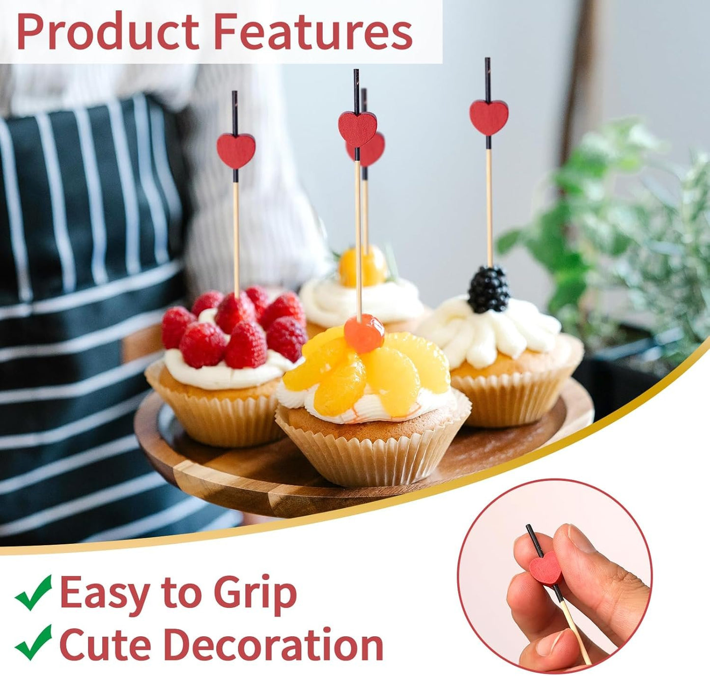 200 Pcs Cocktail Picks, 4.7 Inch Toothpicks for Appetizers, Cocktail Sticks Skewers for Drinks, Desserts, Charcuterie, Wedding Party Fancy Toothpicks, Red Heart Shape Mini Food Picks Decorative
